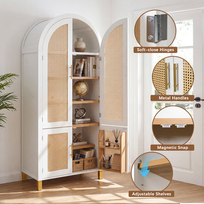 71" Tall Arched Cabinet with Rattan Doors & Adjustable Shelves,4 Doors Modern Farmhouse Storage Cabinet with Built-in Racks for Kitchen, Dining Room, Study, White image 7