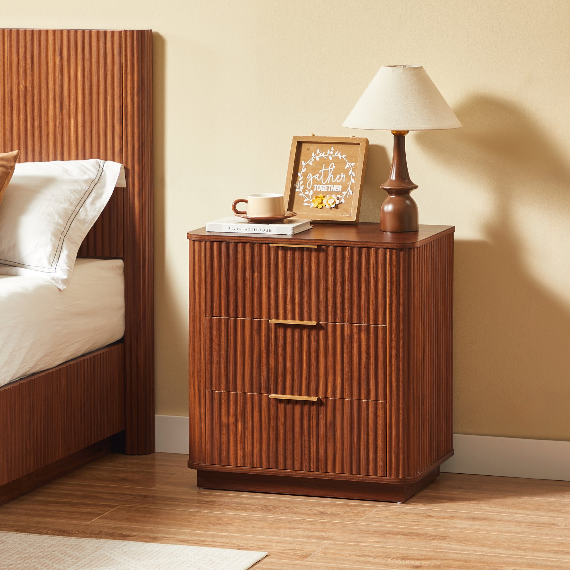 3 Drawers Nightstand Set of 2, 23.6'' Wide Modern Chest of Drawers Curved wave Design, Nightstand, Wood Drawer Organizer for Bedroom, Living Room, Hallway, Walnut,23.6''W x 15''D x 25.2''H. image 3