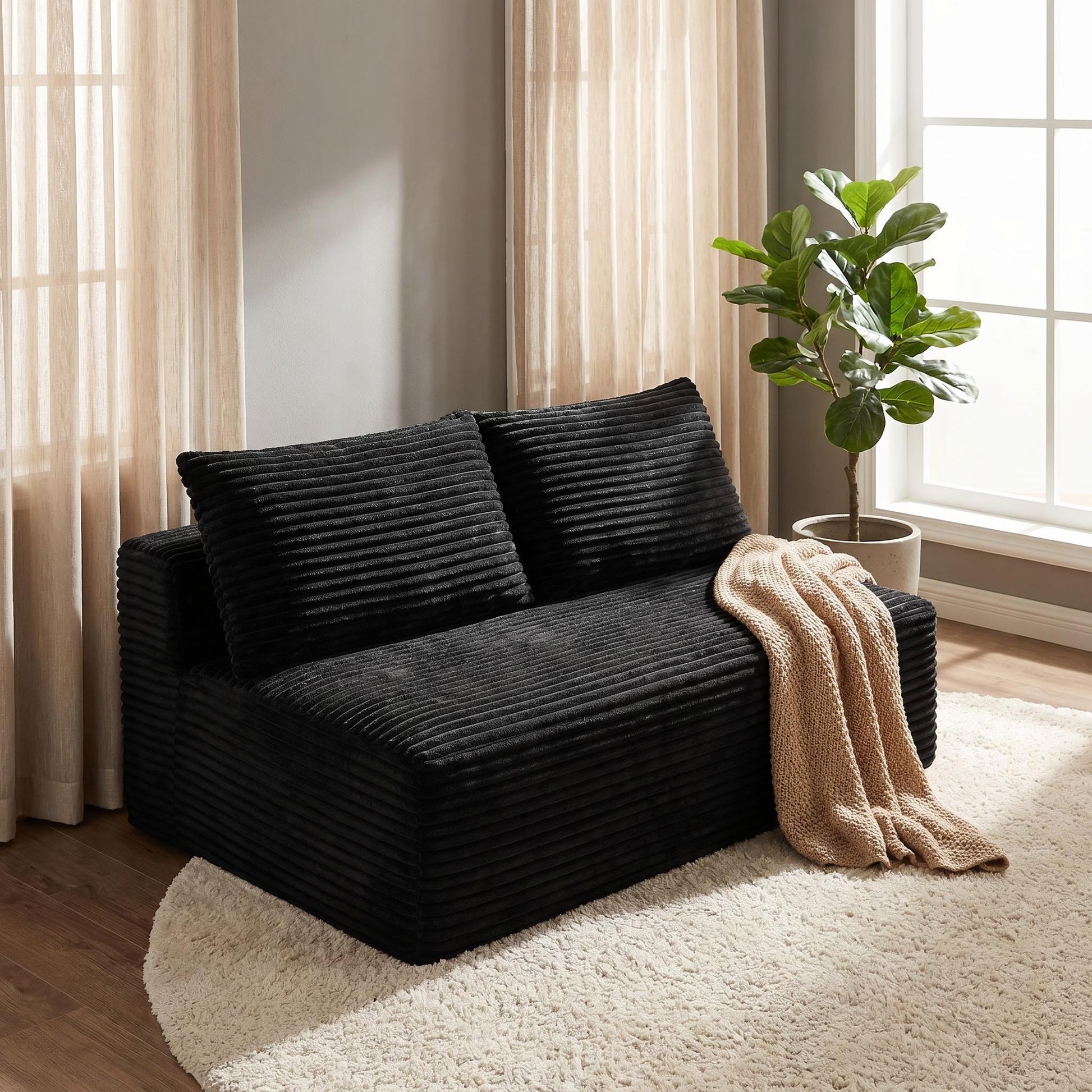 Black Corduroy Ground-Hugging Compressed Loveseat, Armless No-Legs 2-Seater Sofa for Living Room Small Apartment image 4