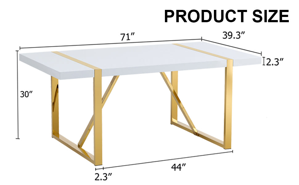 Industrial rectangular MDF material white dining table, equipped with a 2.3-inch thick tabletop and golden metal legs, used for writing desks, restaurants, and living rooms71"*39.3"*30" image 4