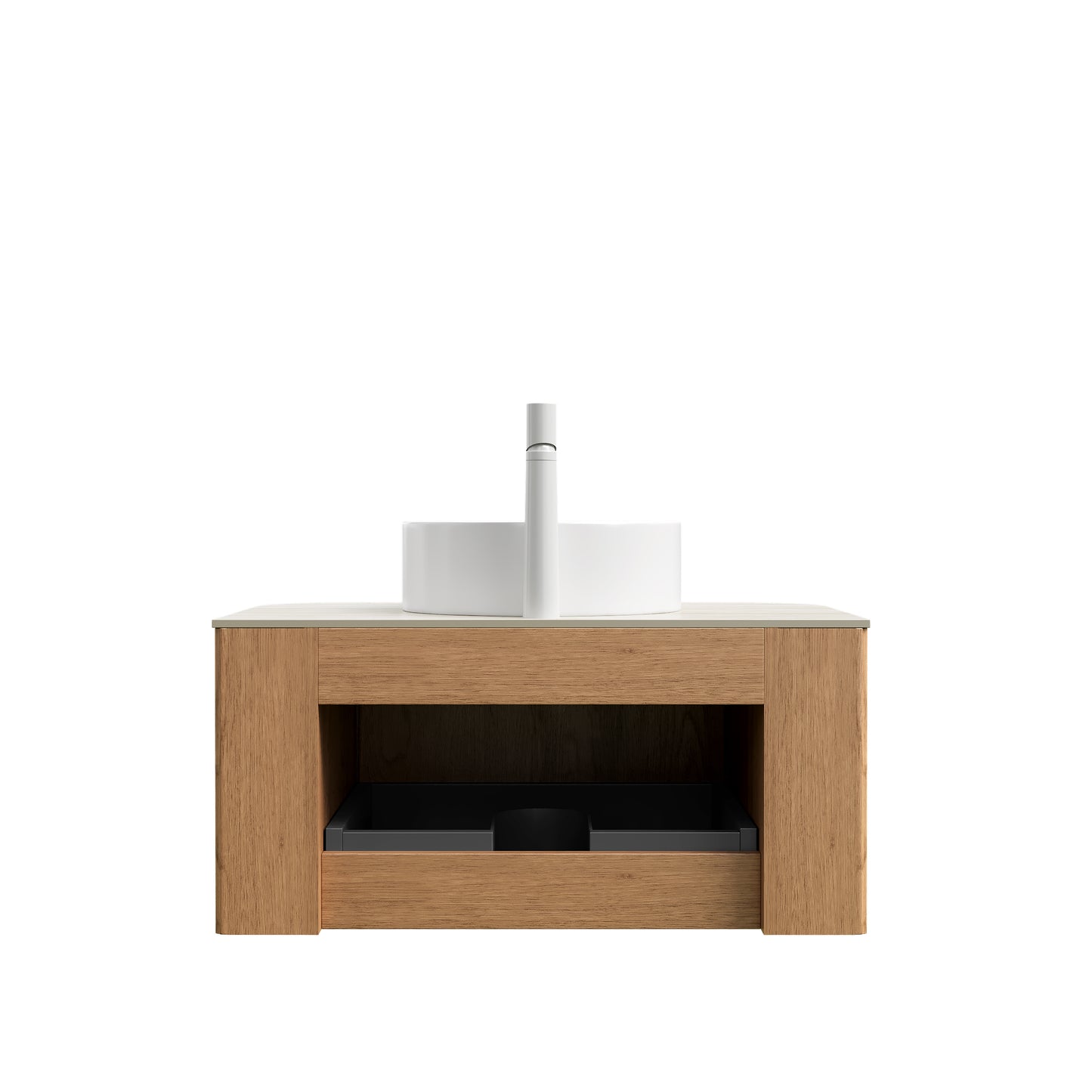 DINA 30" Bathroom Vanity&Sink, Floating Curved Edge Striped Plywood Storage Cabinet with Drawer, White Round Ceramic Basin&Travertine-Pattern Sintered Stone Top, Pre-assembled, Natural Woodgrain Color image 4