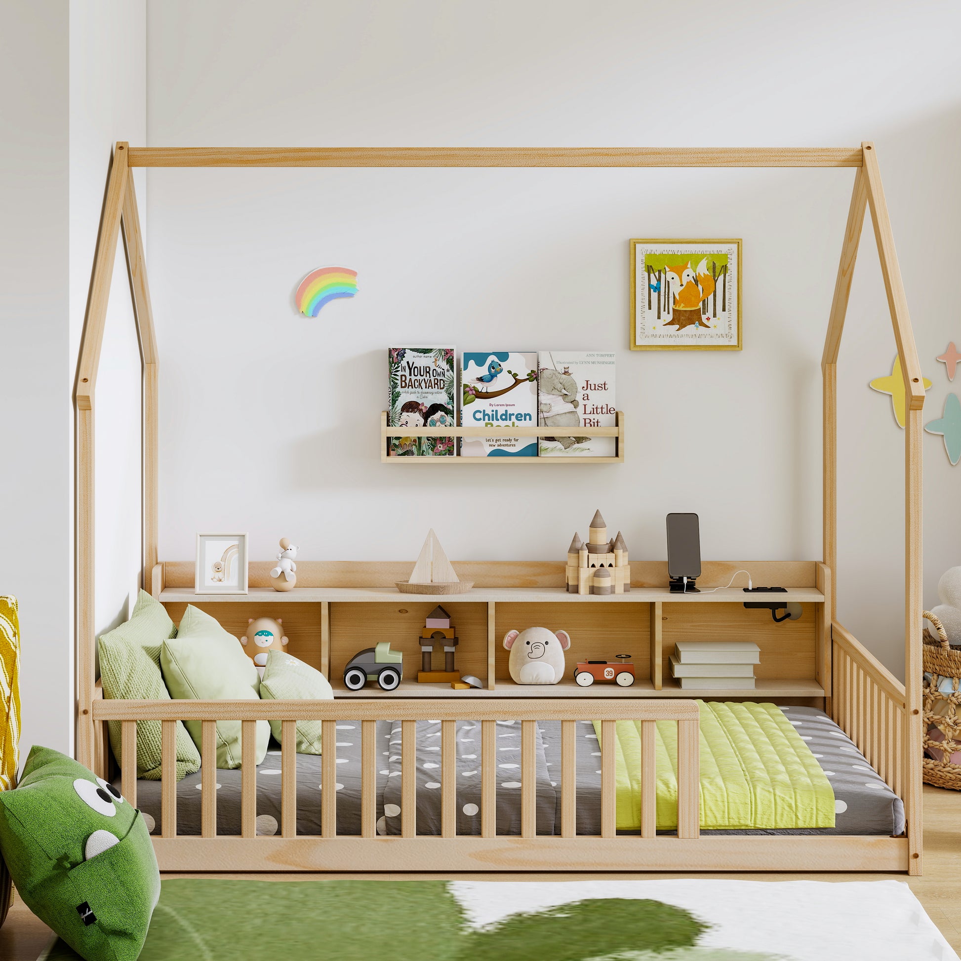 Twin House Floor Bed with Storage Shelves,Built-in LED Lights & Charging Station,Pine Wood Floor Bed with Safety Guardrails,Natural image 1