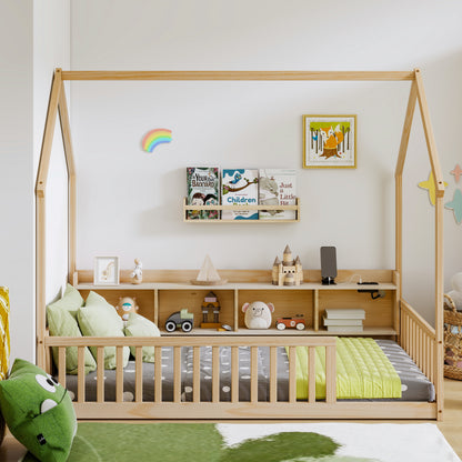 Twin House Floor Bed with Storage Shelves,Built-in LED Lights & Charging Station,Pine Wood Floor Bed with Safety Guardrails,Natural image 1