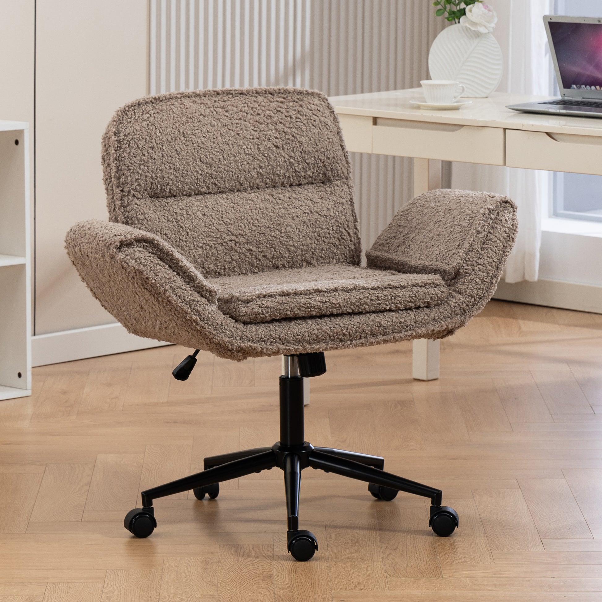 Criss Cross Chair with 5-Gear Adjustable Armrests & Wheels, Ergonomic Thickened Backrest Swivel Desk Chair for Home Office, Vanity, Bedroom and Living Room,brown Teddy fleece image 1