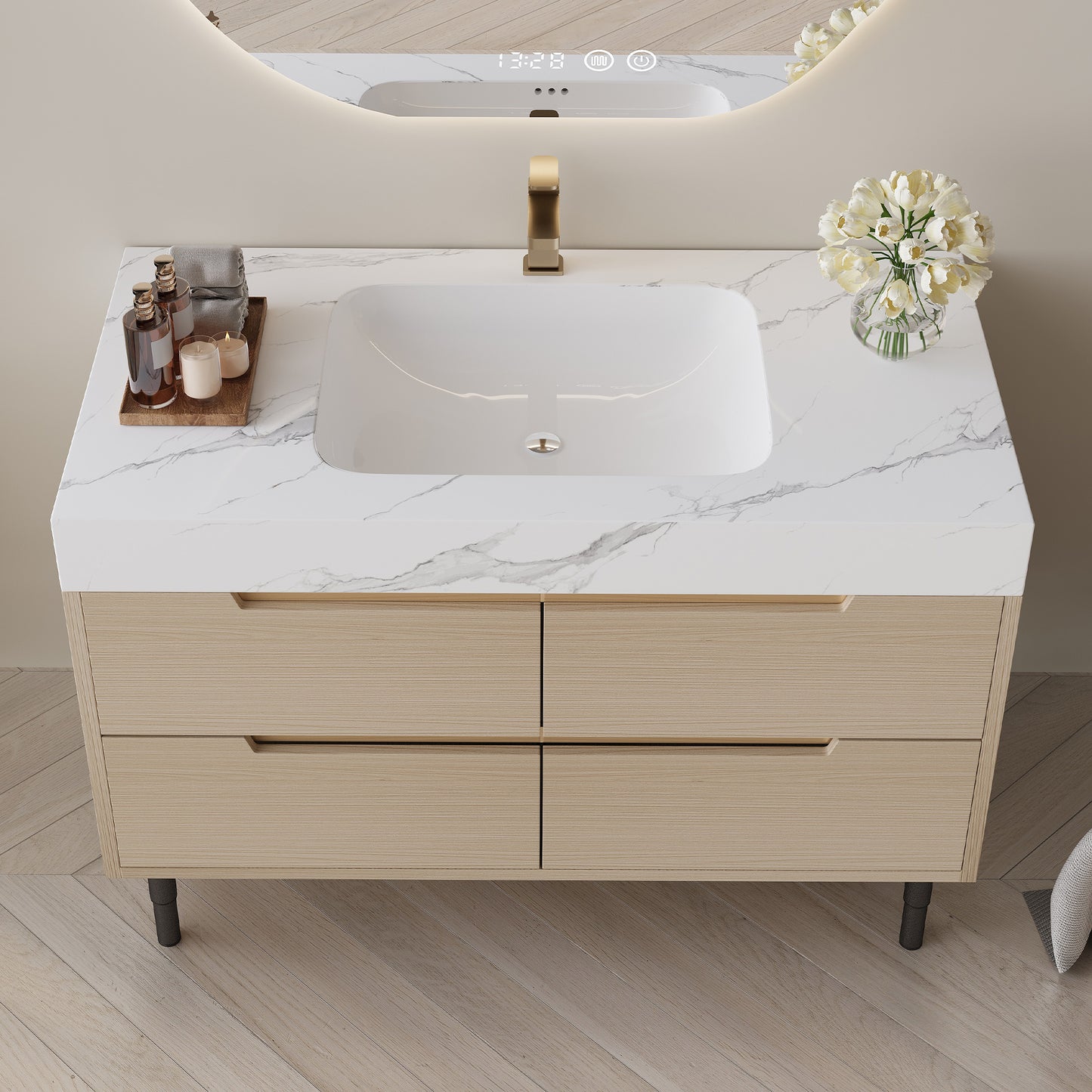 35.4" Modern Bathroom Vanity with Undermount Sink, Sintered Stone Top, Waterproof Multi-layer Solid Wood, 4 Drawers Storage, Free-standing/Wall-Mounted image 6