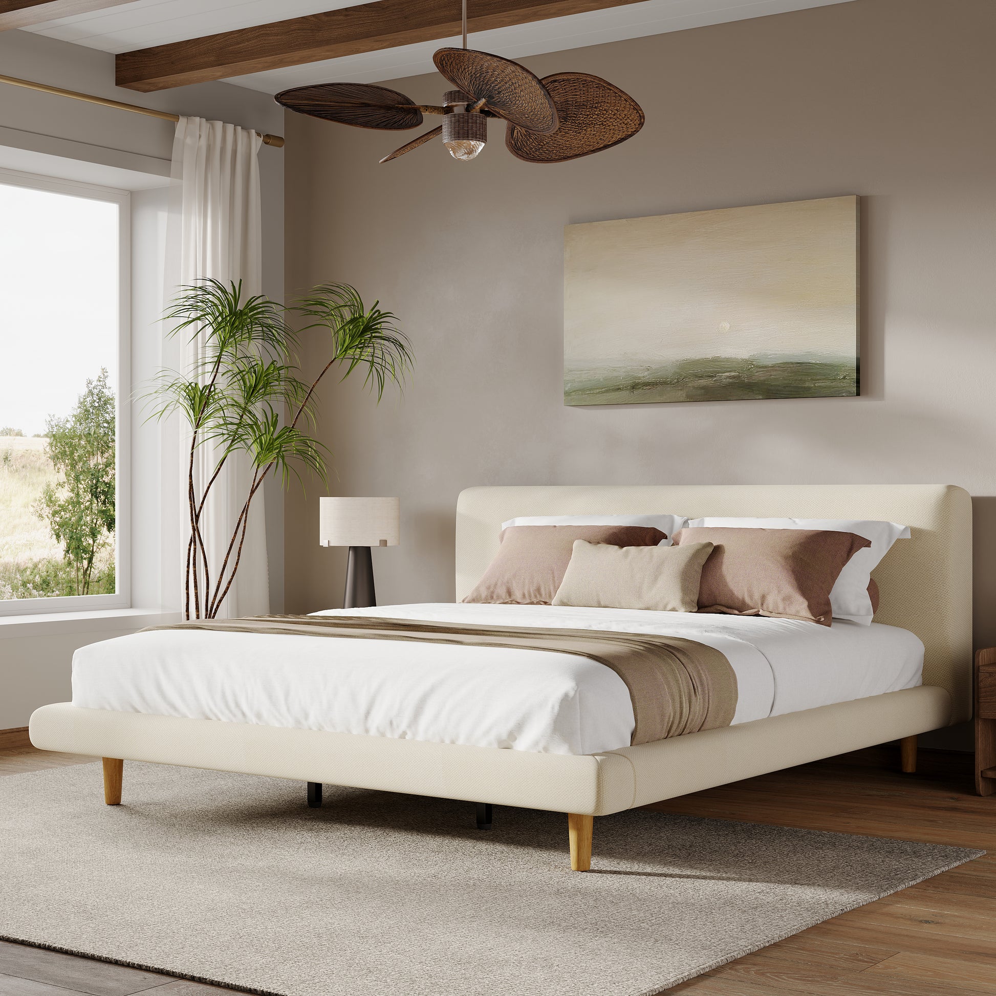 Beige Chunky Headboard Bed Frame, Solid Rubberwood Legs, King, 800lbs Capacity image 1