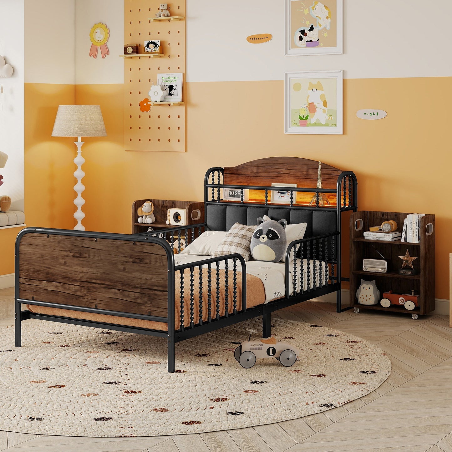 Twin Size Metal Platform Bed Frame with Light, Kids Twin Metal Bed with Upholstered and Pull Out Storage Shelves, Black (Expect Arrival Date 2025/10/5) image 1