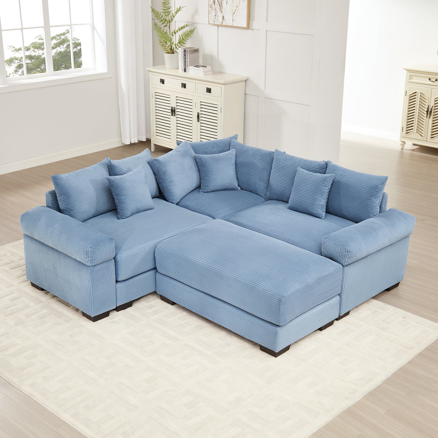 Oversized Cloud Modular Sectional Couch, Convertible Sectional Couches, Extra-Thick Armrests With An Ottoman,Soft Corduroy Fabric, Ergonomic Design, Easy Assembly,For Living Rooms Reading Rooms,Blue image 1