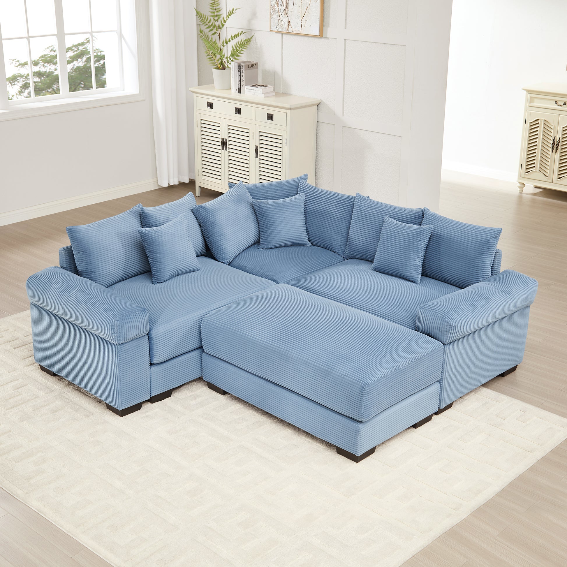 Oversized Cloud Modular Sectional Couch, Convertible Sectional Couches, Extra-Thick Armrests With An Ottoman,Soft Corduroy Fabric, Ergonomic Design, Easy Assembly,For Living Rooms Reading Rooms,Blue image 1