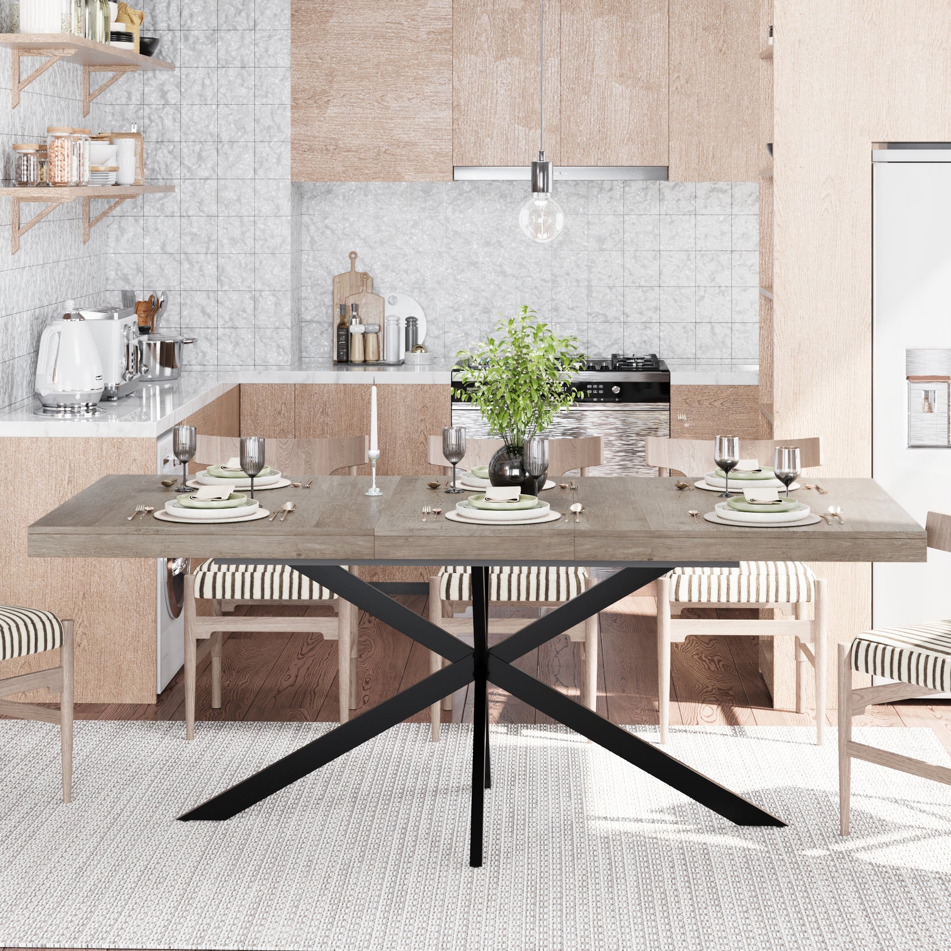 55.11"-70.86"Retro Rectangular Stretch Dining Table, Grey Carole Top With Same Color Embossed Center Plate,With Storage Box,Suitable for dining rooms, kitchens, and living rooms,Grey image 1