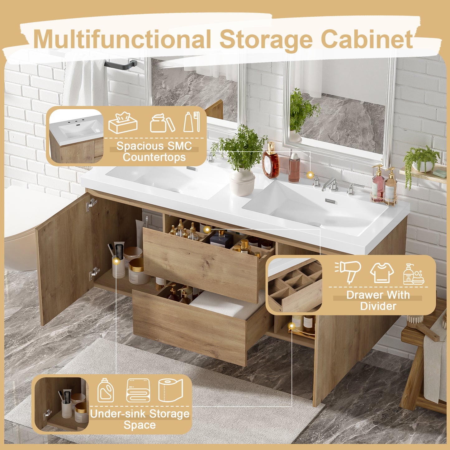 [Video]59.3 Inch Double Sink Bathroom Vanity with SMC Top, MDF Cabinet, Soft Close Doors, Divided Drawers, Wall-Mounted Modern Storage Vanity for Large Bathrooms image 4