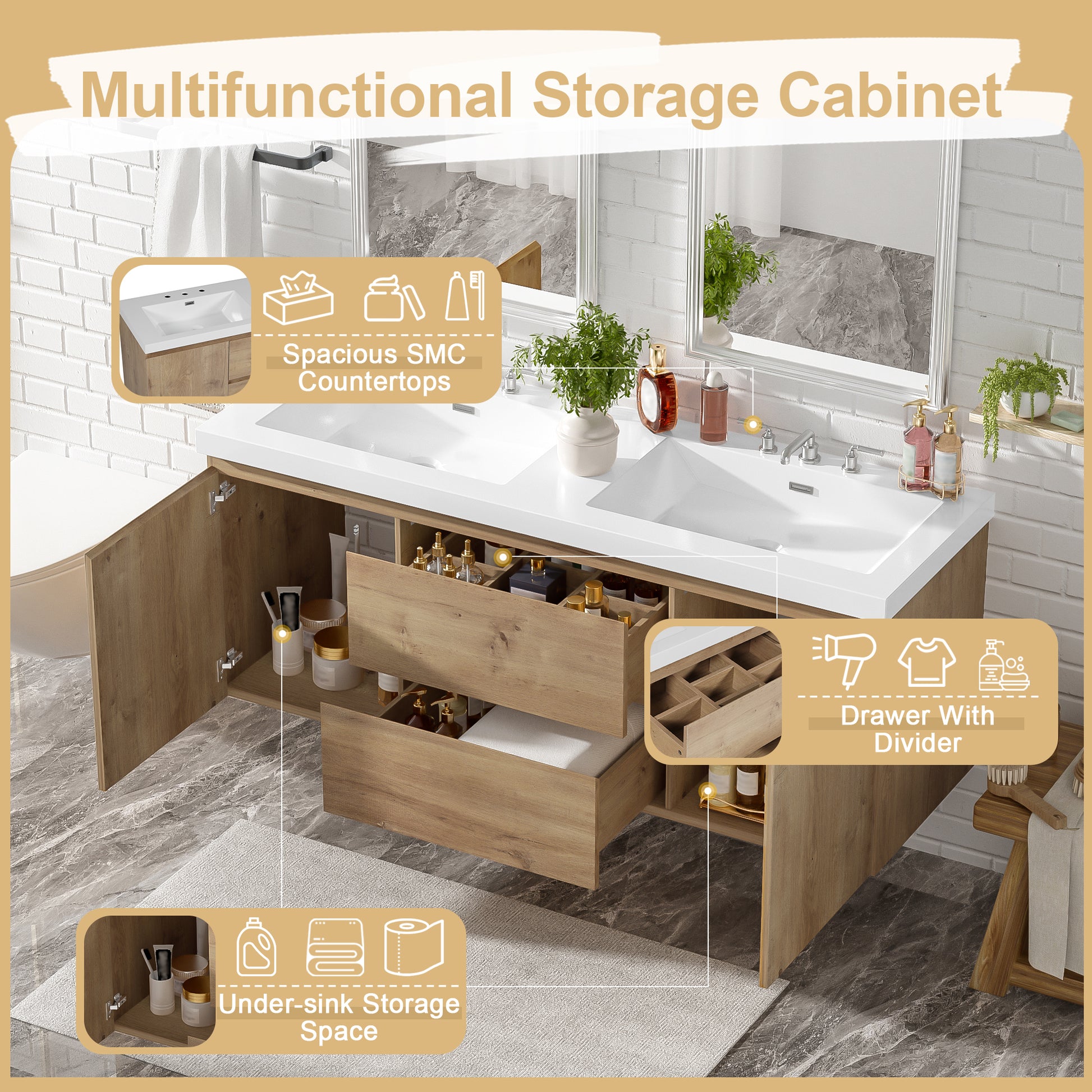 [Video]59.3 Inch Double Sink Bathroom Vanity with SMC Top, MDF Cabinet, Soft Close Doors, Divided Drawers, Wall-Mounted Modern Storage Vanity for Large Bathrooms image 4