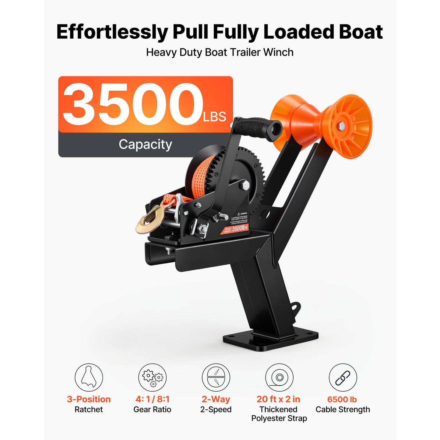 Boat Trailer Winch Stand with Roller, 3500 lbs, 20ft Orange Polyester Strap, Boat Winch Mount, for 2-3 Inches W x 3-4 Inches H Trailer Tongue, Fit for Jet Ski, Sailboat, Speedboat image 2