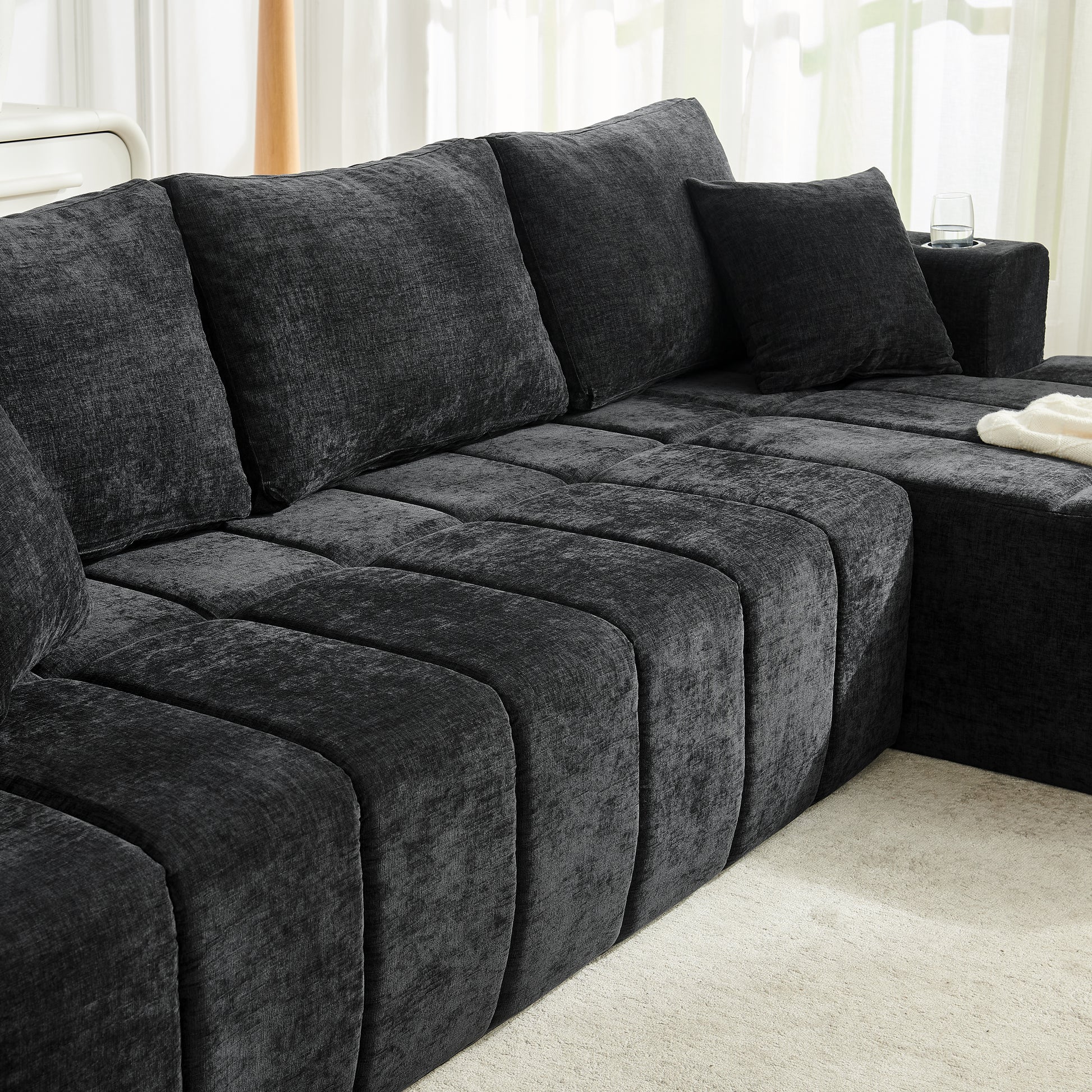 108" L-Shaped Chenille Sectional Sofa, Cloud Style Boneless Sofa with Chaise, Modern Upholstered Couch with Cup Holders & Side Pockets, Compression Sofa for Living Room, No Assembly Required, Black image 8