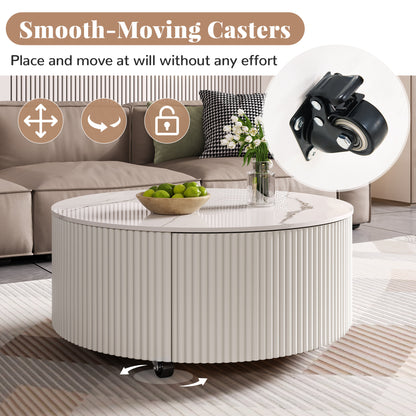 Modern Round Movable Coffee Table with Casters, 2 Drawers, Marble Pattern Sintered Stone Top, White, 29.5" image 9