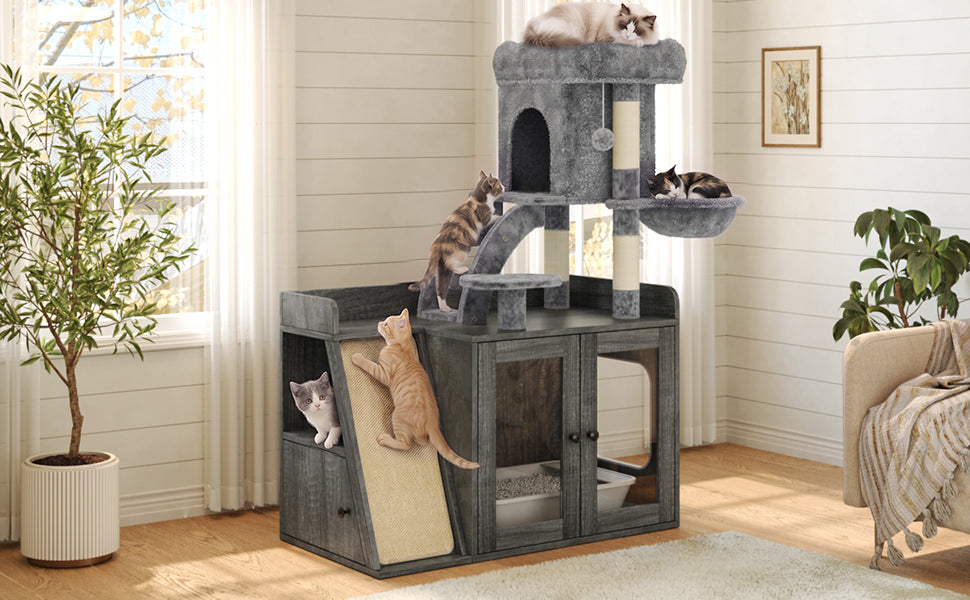 Litter Box Enclosure with Cat Tree, Hidden Litter Box with LED Light, Sisal Scratching Board and Storage Space, Modular Litter Box Furniture with Condo and Platform, All-in-one Cat Tower,Grey image 8