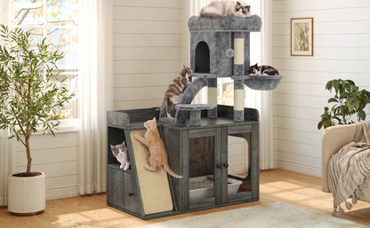 Litter Box Enclosure with Cat Tree, Hidden Litter Box with LED Light, Sisal Scratching Board and Storage Space, Modular Litter Box Furniture with Condo and Platform, All-in-one Cat Tower,Grey image 8