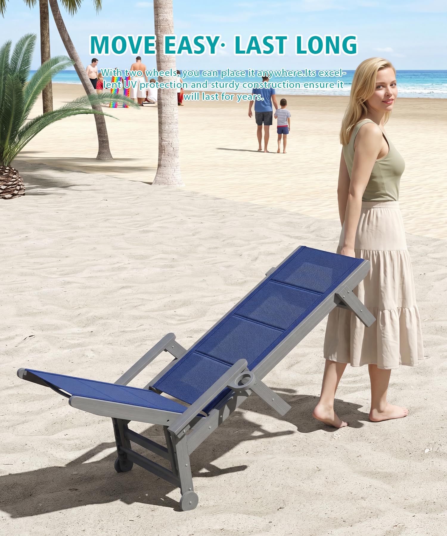 Outdoor Pool Lounge Chairs Set of 2, HDPE Patio Lounge Chair with Wheels, Double-Layer Fabric Chaise Lounge Chair for Pool, Sunbathing Tanning, Lawn, Navy Blue image 4