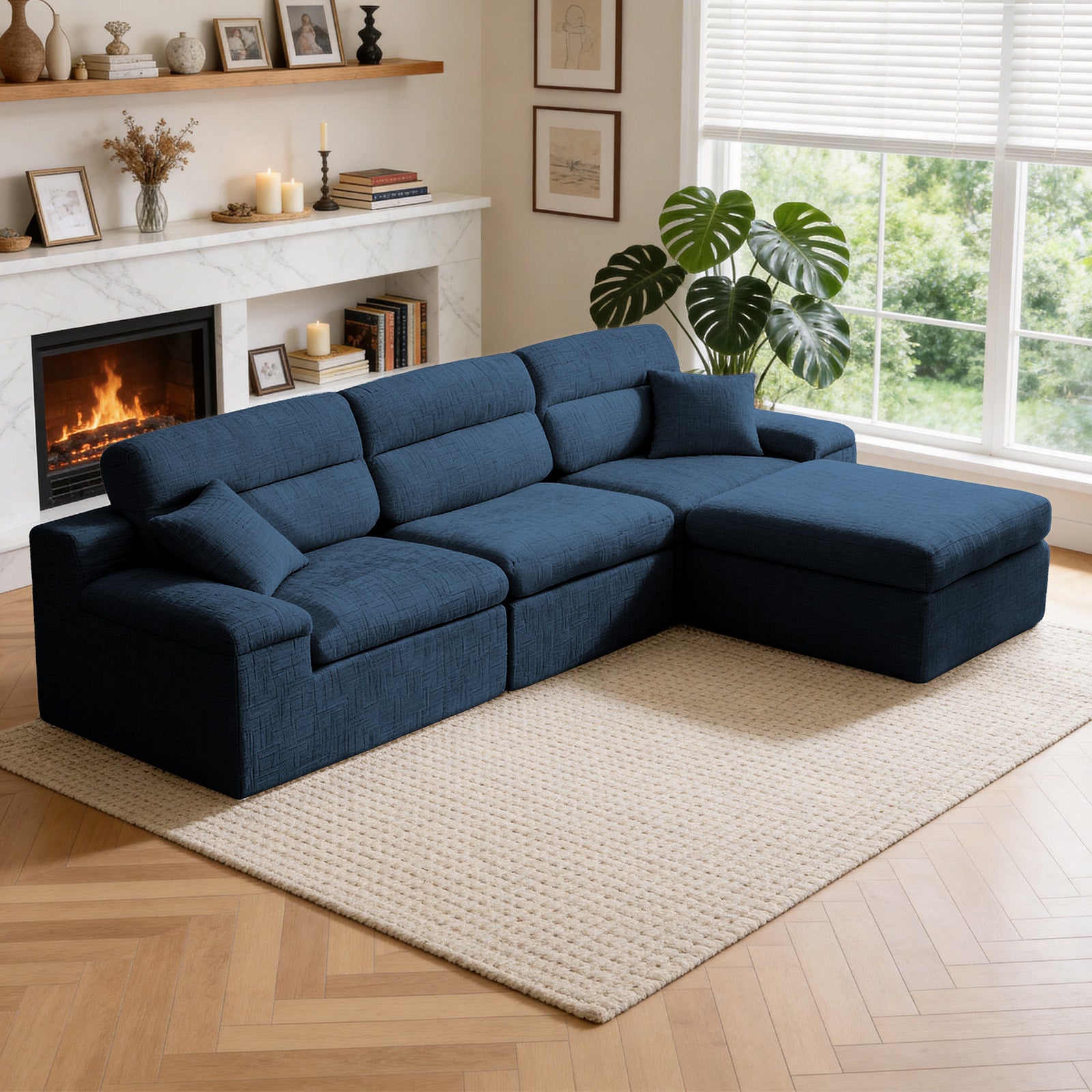 Corner Chaise Sofa with High Backrest,L-Shaped Couch with Slub Chenille Fabric, Compressed High-Density Sponge Cushion, Space-Saving No-Assembly Sofa for Living Room,Apartment(Blue) image 1