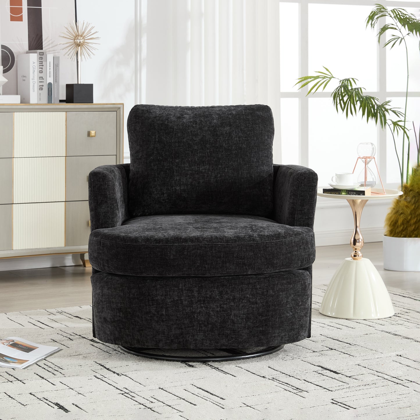 Vanity Chair,Swivel Accent Chair, 360 Degree Round Swivel Barrel Chair, Upholstered Comfy Swivel Chairs for Living Room,Accent Chairs for Bedroom, Reading Room,Powder Room,Black image 6