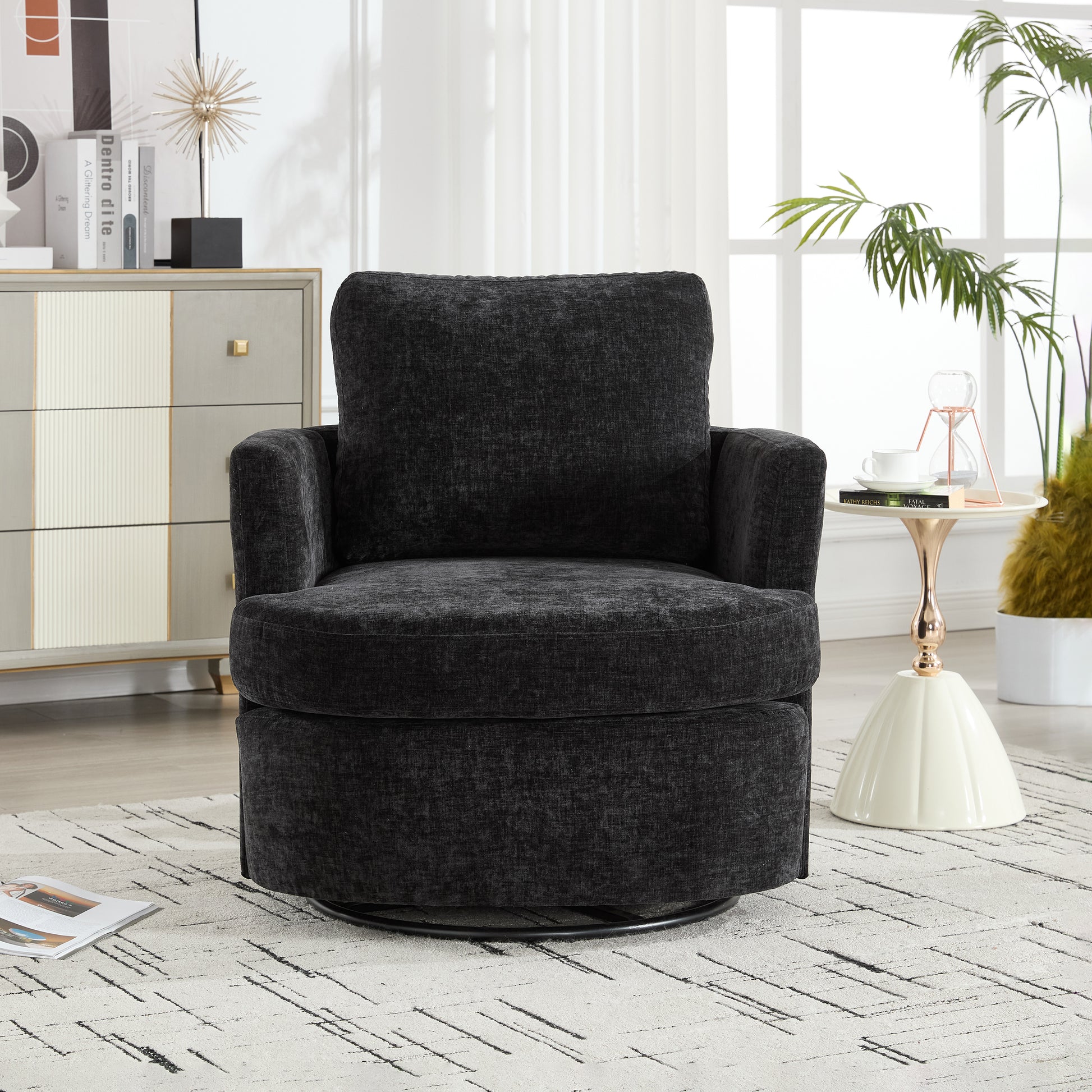 Vanity Chair,Swivel Accent Chair, 360 Degree Round Swivel Barrel Chair, Upholstered Comfy Swivel Chairs for Living Room,Accent Chairs for Bedroom, Reading Room,Powder Room,Black image 6