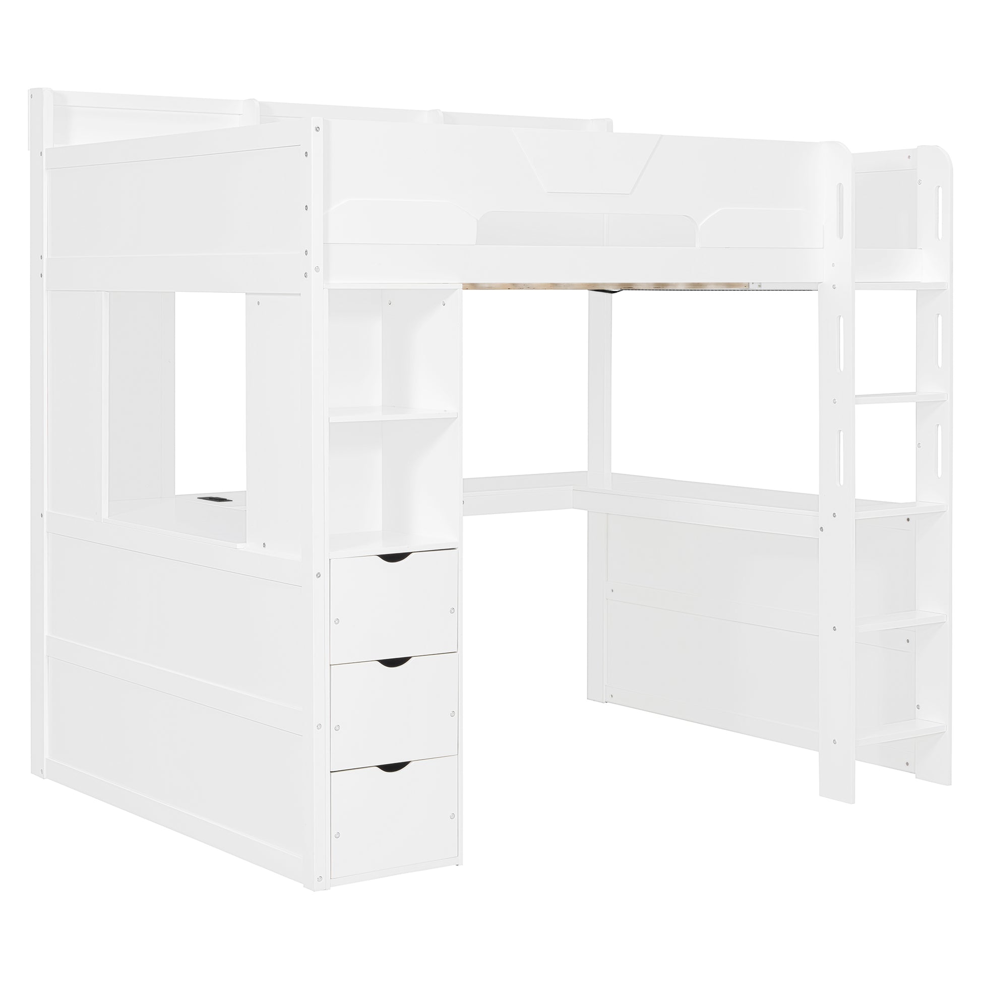 Full Size Wooden Gaming Loft Bed with U-Shaped Desk, Smart RGB LED Lights and USB Ports, Multi-Functional High Sleeper with 3 Drawers and Storage Shelves for Teens Adults, White image 9