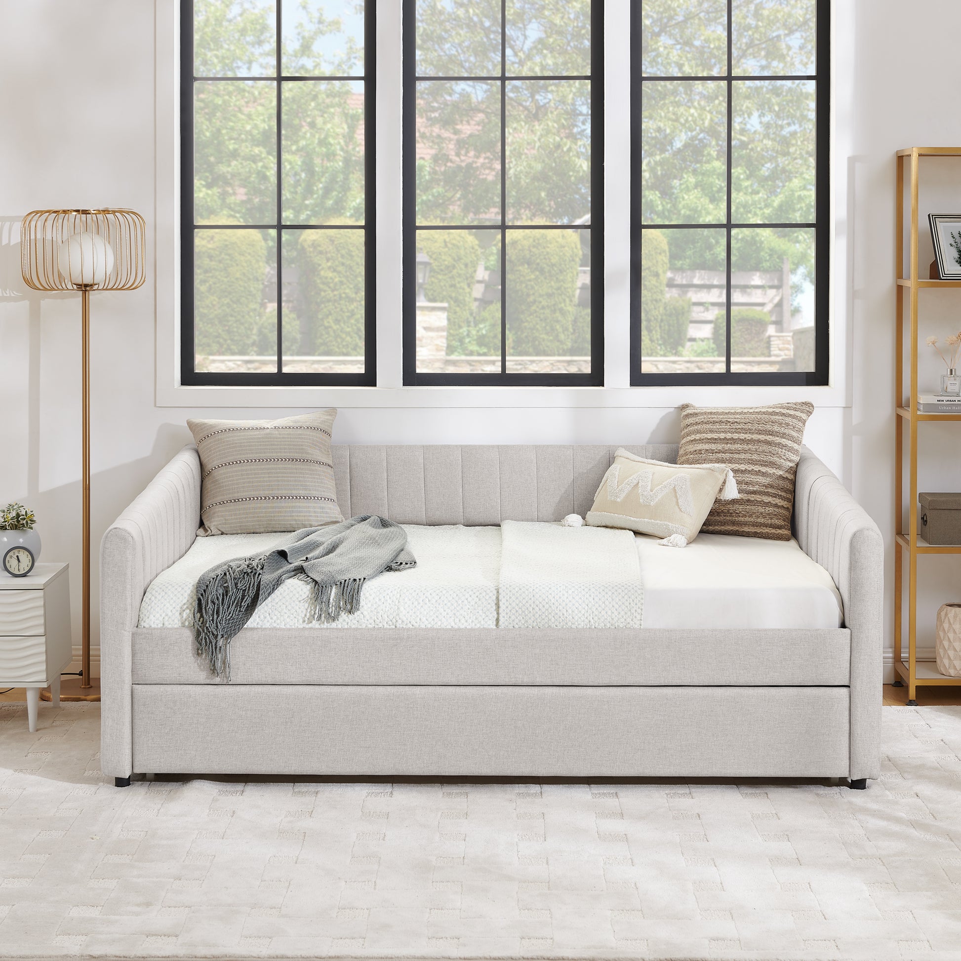 Full Size Daybed with Trundle Upholstered Sofa Bed, with Vertical Stripes, Linen Fabric, Beige (82.5"x58"x30") image 6