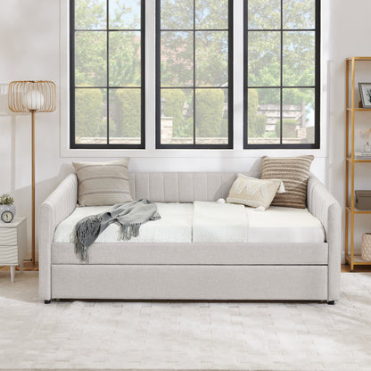 Full Size Daybed with Trundle Upholstered Sofa Bed, with Vertical Stripes, Linen Fabric, Beige (82.5"x58"x30") image 6