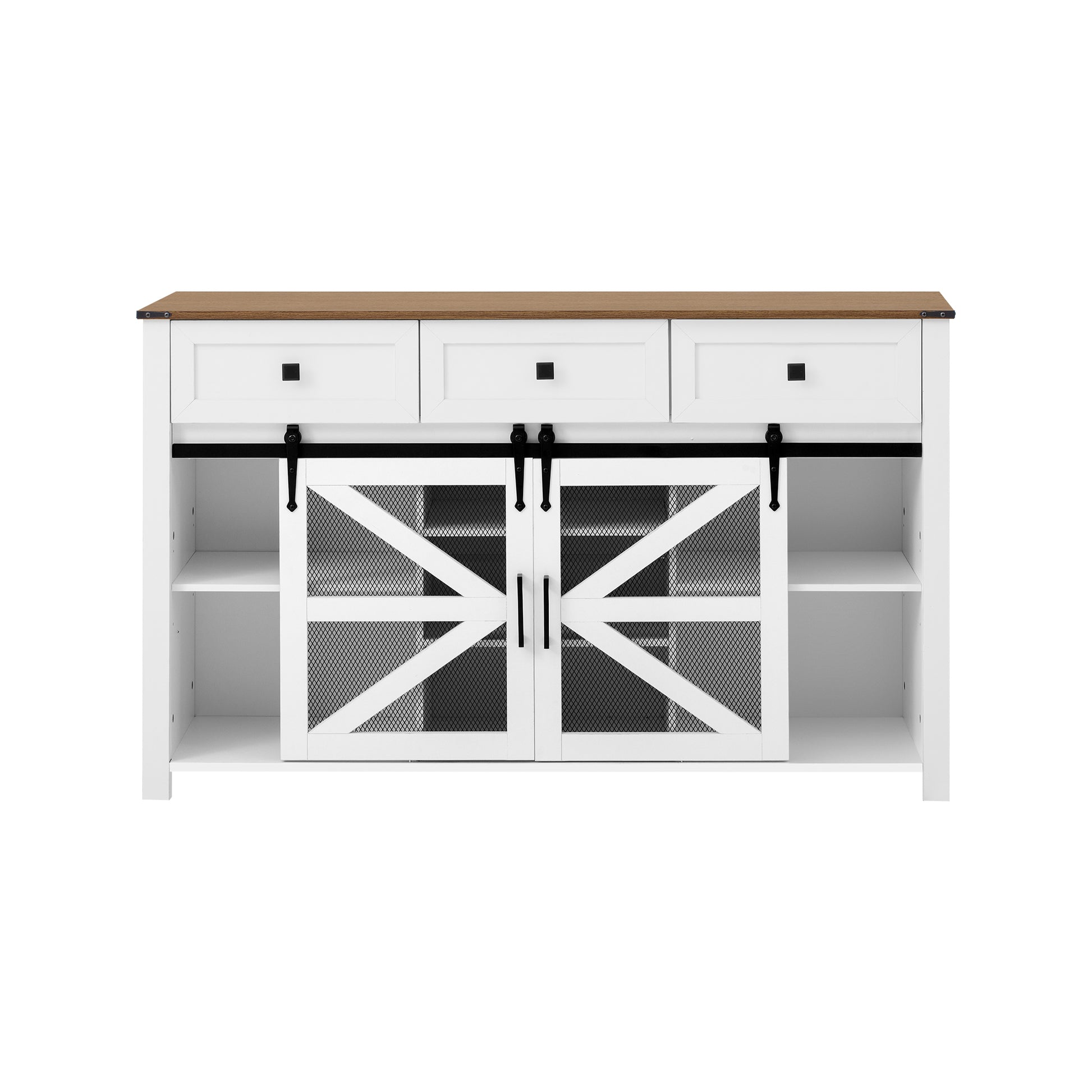 U_Style 55'' Sliding Barn Door Sideboard Buffet Cabinet with 3 Drawers, Adjustable Shelves, Metal Mesh & Particleboard Doors, Aluminum Handles, Industrial Storage for Living or Dining Room image 11