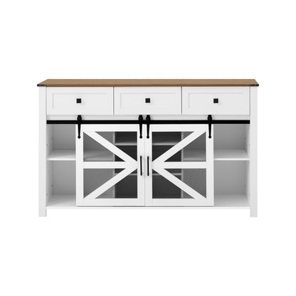 U_Style 55'' Sliding Barn Door Sideboard Buffet Cabinet with 3 Drawers, Adjustable Shelves, Metal Mesh & Particleboard Doors, Aluminum Handles, Industrial Storage for Living or Dining Room image 11