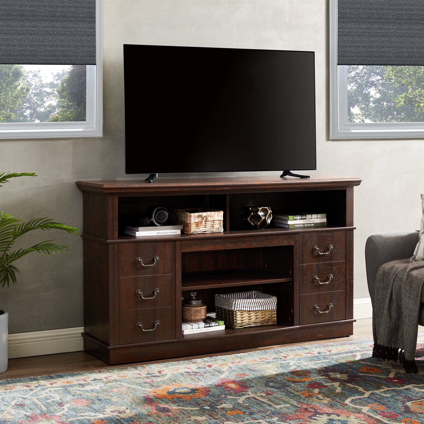 Retro TV Stand with Storage for TVs up to 65'', Mid Century Modern TV Stand & Entertainment Center with Shelf,TV Stand for Media,TV Console Table for Living Room Espresso 60"W*15.75"D*34.25"H image 4