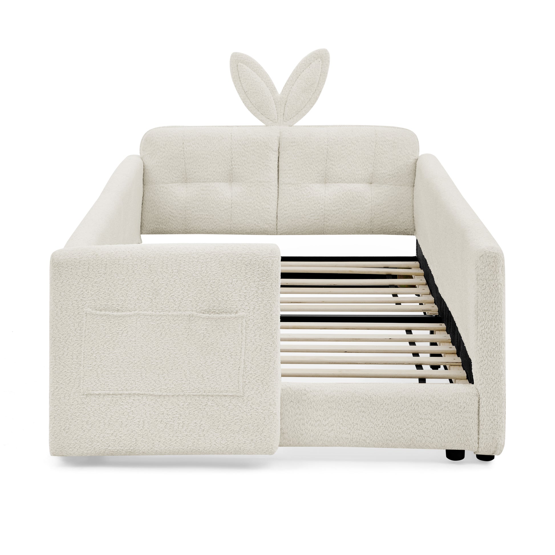 Twin Size Upholstered Platform Bed with Cute Rabbit Ear Shaped Headboard, with Safety Rail and Pocket, Boucle Fabric, Beige image 7