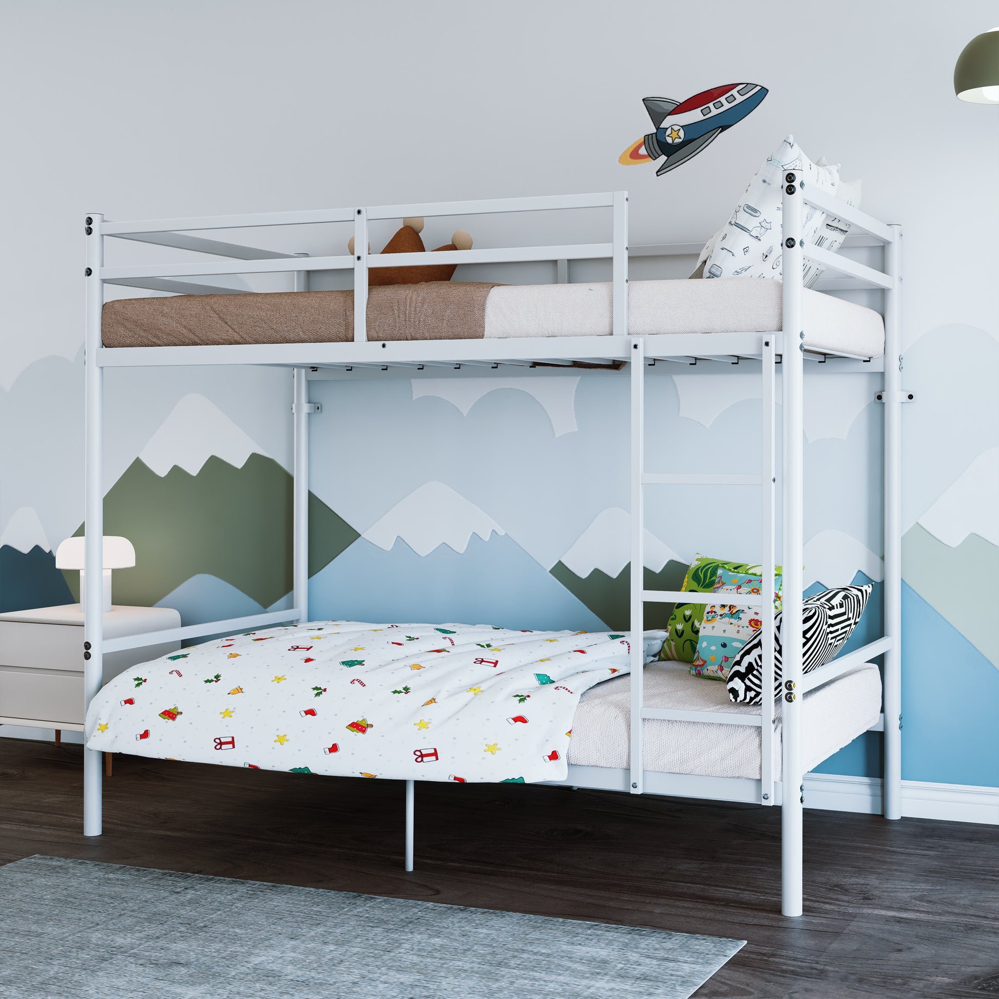 Bunk Bed with Ladder and high Guardrail Metal Bunk Bed, Storage Space, Noise Free,Twin Over Twin Size,White image 1