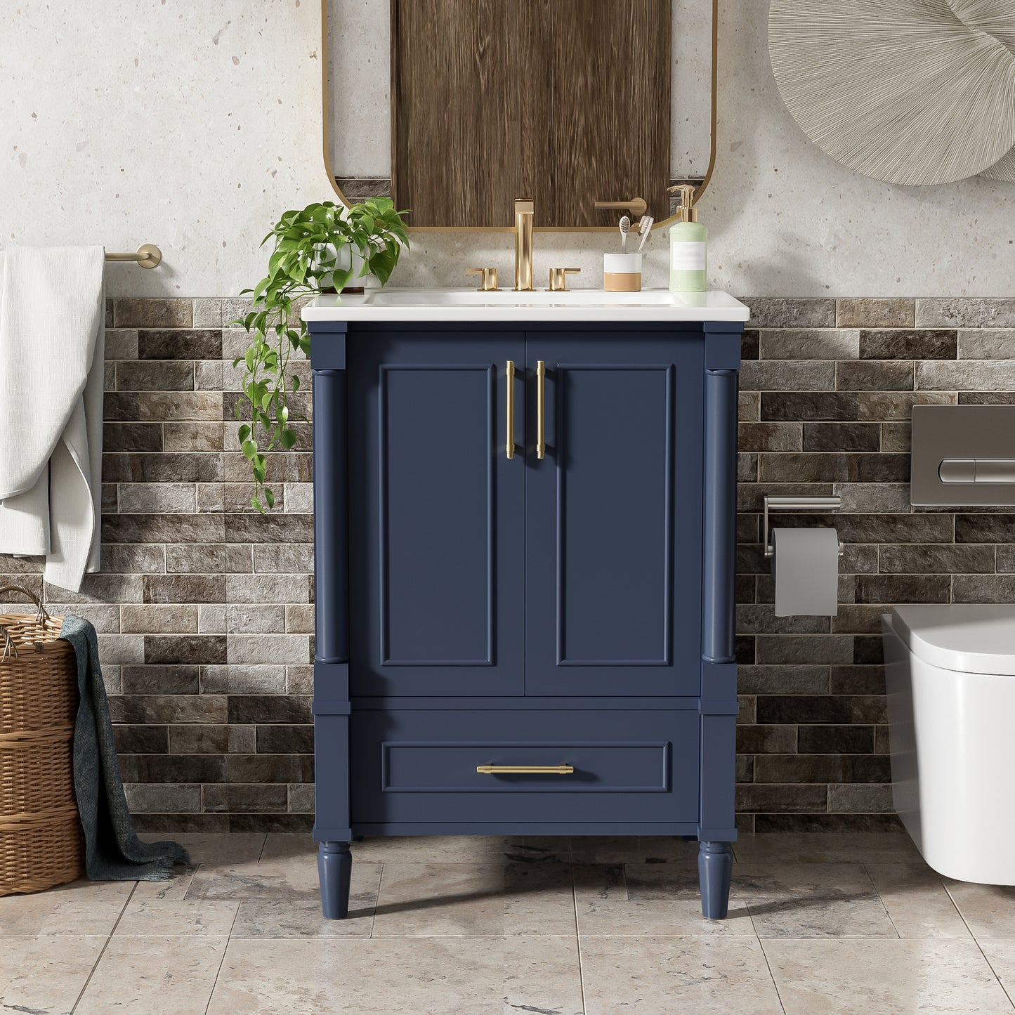 24" Modern Bathroom Vanity with Ornate Motif Design & Soft-Close Hinges, Bathroom Cabinet with Drawer and Back Open Structure, Ornately Carved French Cylinder Legs image 3