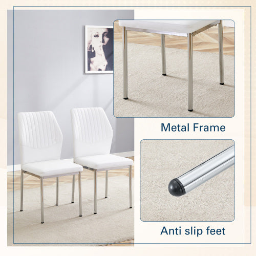 Luxury Simple Chair - Set of 4 White PU Material High Resilience Dining Chair with Metal Silver Leg.The Chair Back Has a Vertical Stripe Design With Smooth And Uniform Lines. image 7