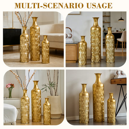 3 Pack Gold Metal Vase Set, Tall Embossed Nested Vases, Semi-Handcrafted Decorative Centerpieces for Home, Living Room, Floor, Fireplace, Not Waterproof image 4