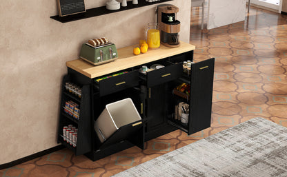TREXM Multi-Functional Storage Sideboard, Trash Can Storage, Sliding Door Cabinet & 3-Tier Spice Rack,Kitchen Island Table for Kitchen, Dining Room (Black) image 2