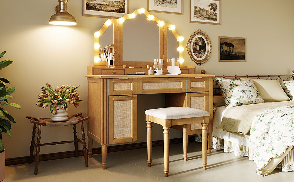 44.37" Makeup Vanity Desk with Stool Set, 13 Hollywood Bulbs & 3 Lighting Modes Dressing Table, Tri-Fold Mirror Large Vanity Table with Cushioned Stool, Charging Station, Ample Storage, Natural image 9
