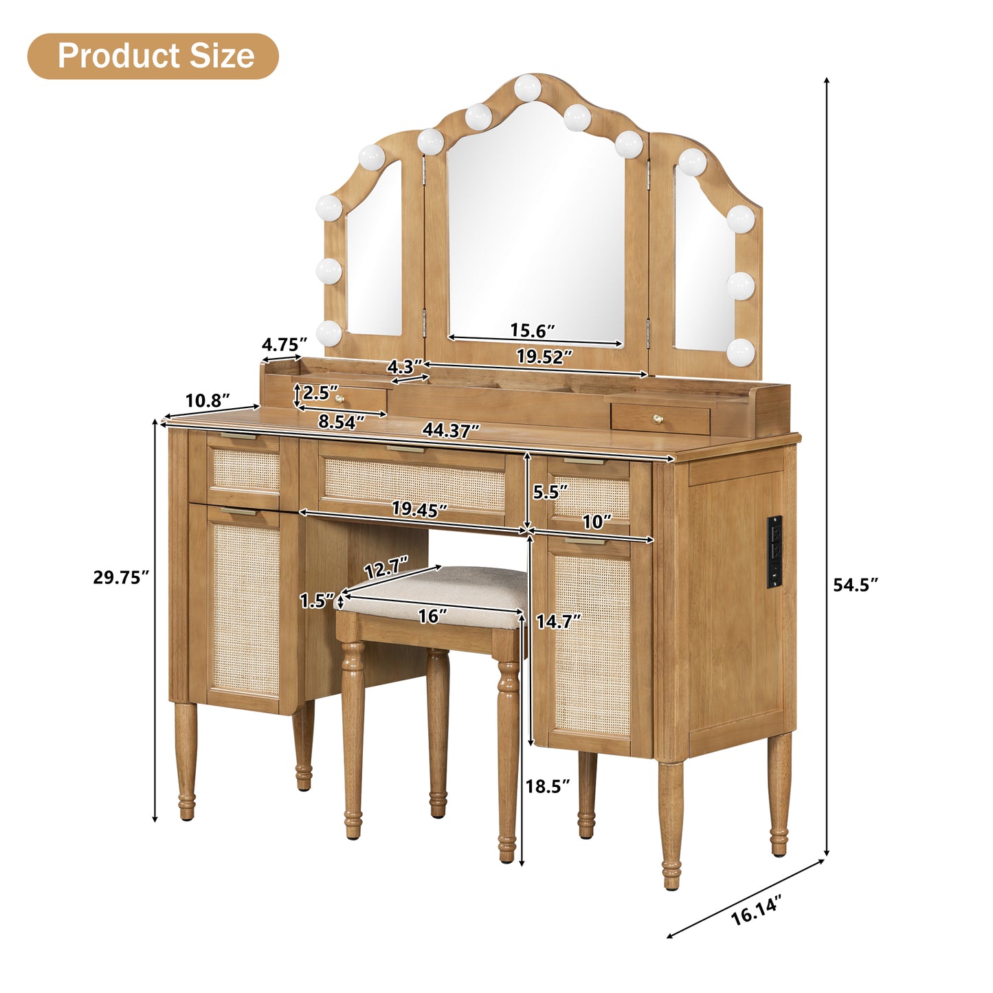 44.37" Makeup Vanity Desk with Stool Set, 13 Hollywood Bulbs & 3 Lighting Modes Dressing Table, Tri-Fold Mirror Large Vanity Table with Cushioned Stool, Charging Station, Ample Storage, Natural image 7