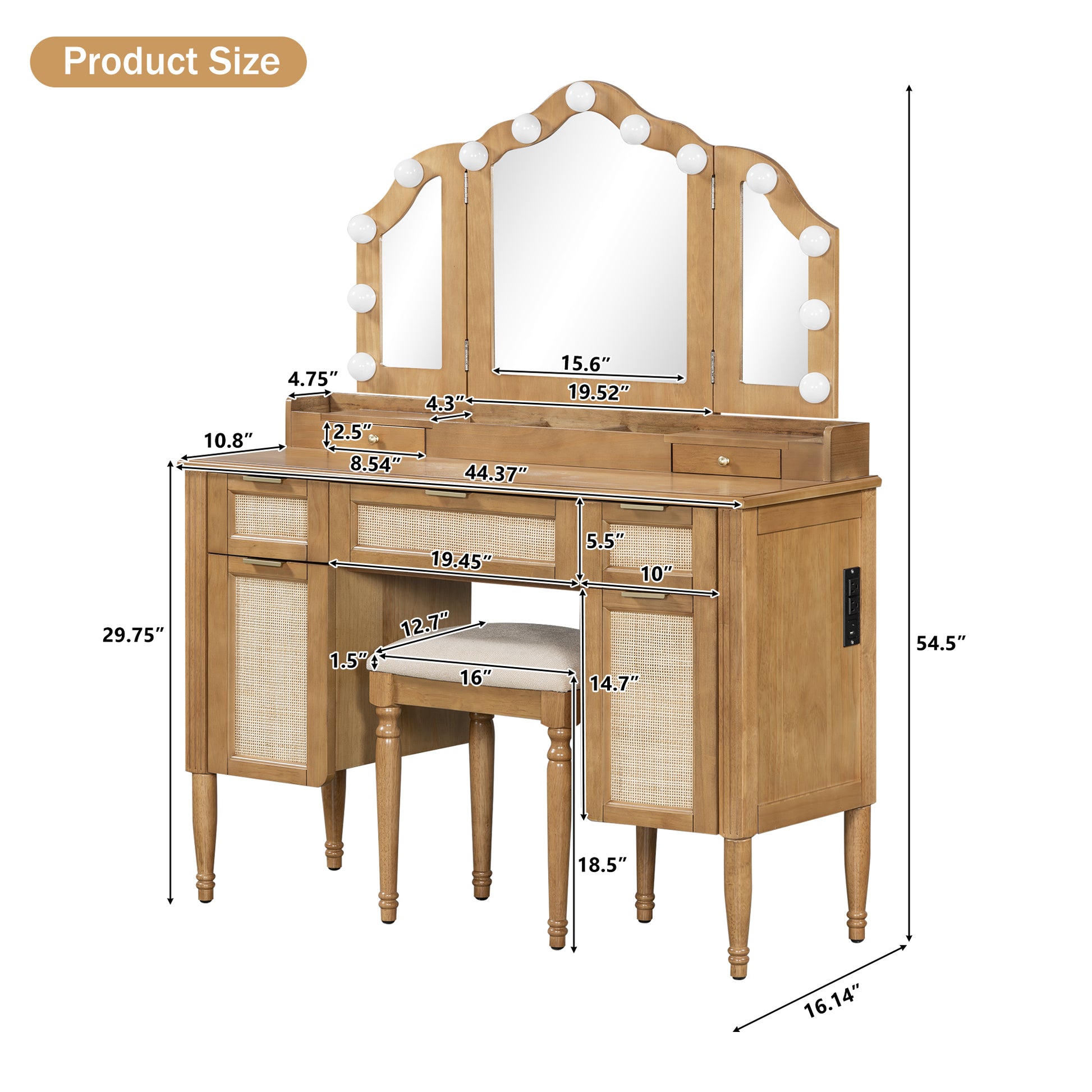44.37" Makeup Vanity Desk with Stool Set, 13 Hollywood Bulbs & 3 Lighting Modes Dressing Table, Tri-Fold Mirror Large Vanity Table with Cushioned Stool, Charging Station, Ample Storage, Natural image 7