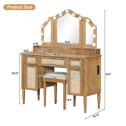 44.37" Makeup Vanity Desk with Stool Set, 13 Hollywood Bulbs & 3 Lighting Modes Dressing Table, Tri-Fold Mirror Large Vanity Table with Cushioned Stool, Charging Station, Ample Storage, Natural image 7
