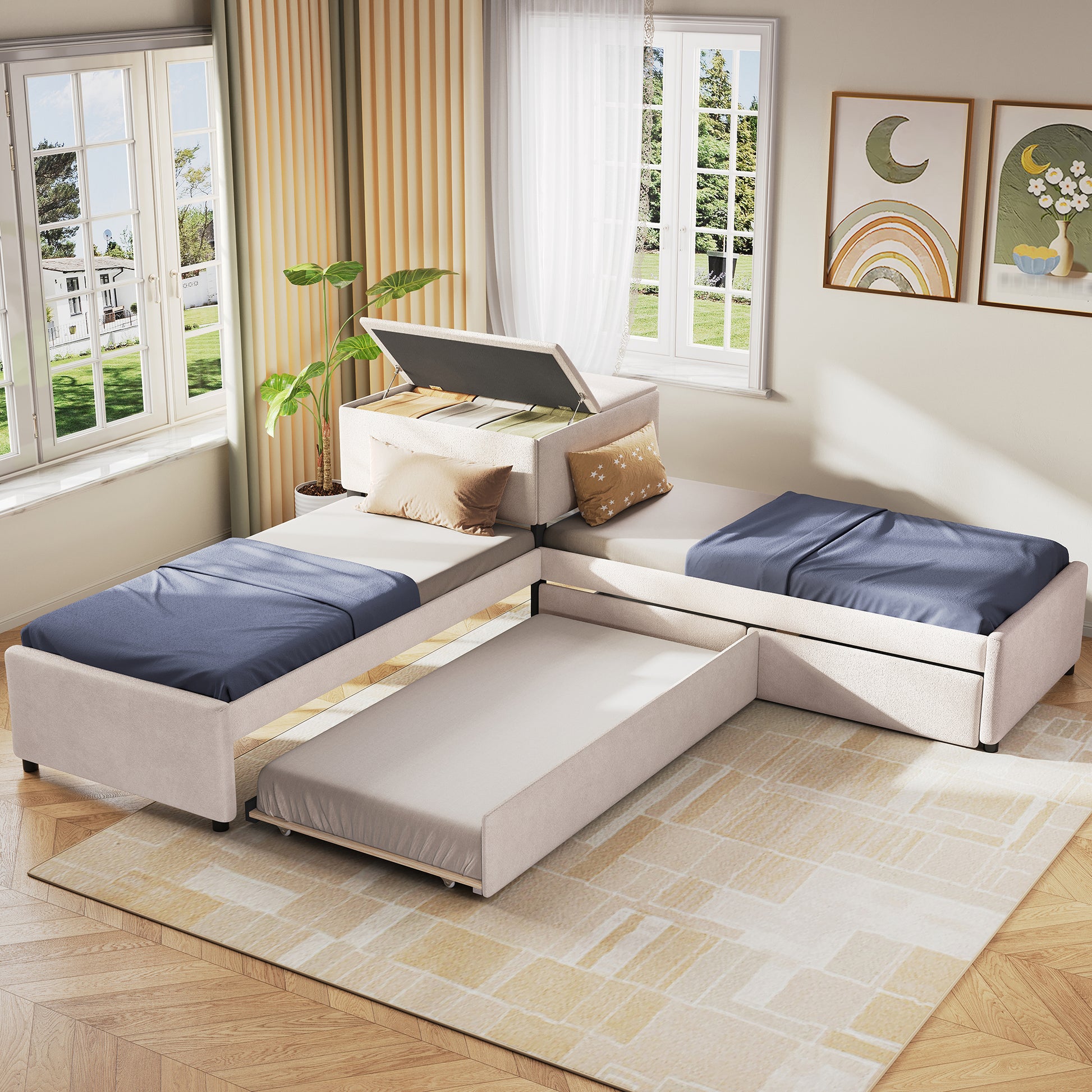 L-shaped Upholstered Platform Bed with Trundle and Two Drawers Linked with built-in Desk,Twin,Beige image 2