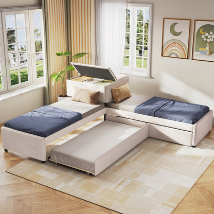 L-shaped Upholstered Platform Bed with Trundle and Two Drawers Linked with built-in Desk,Twin,Beige image 2