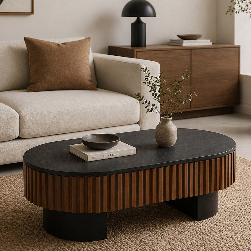 43.7" Oval Coffee Table With Hidden Storage, Fluted Modern Minimalist Wood Coffee Table for Living Room, Oval Center Table, Black + Walnut. image 1