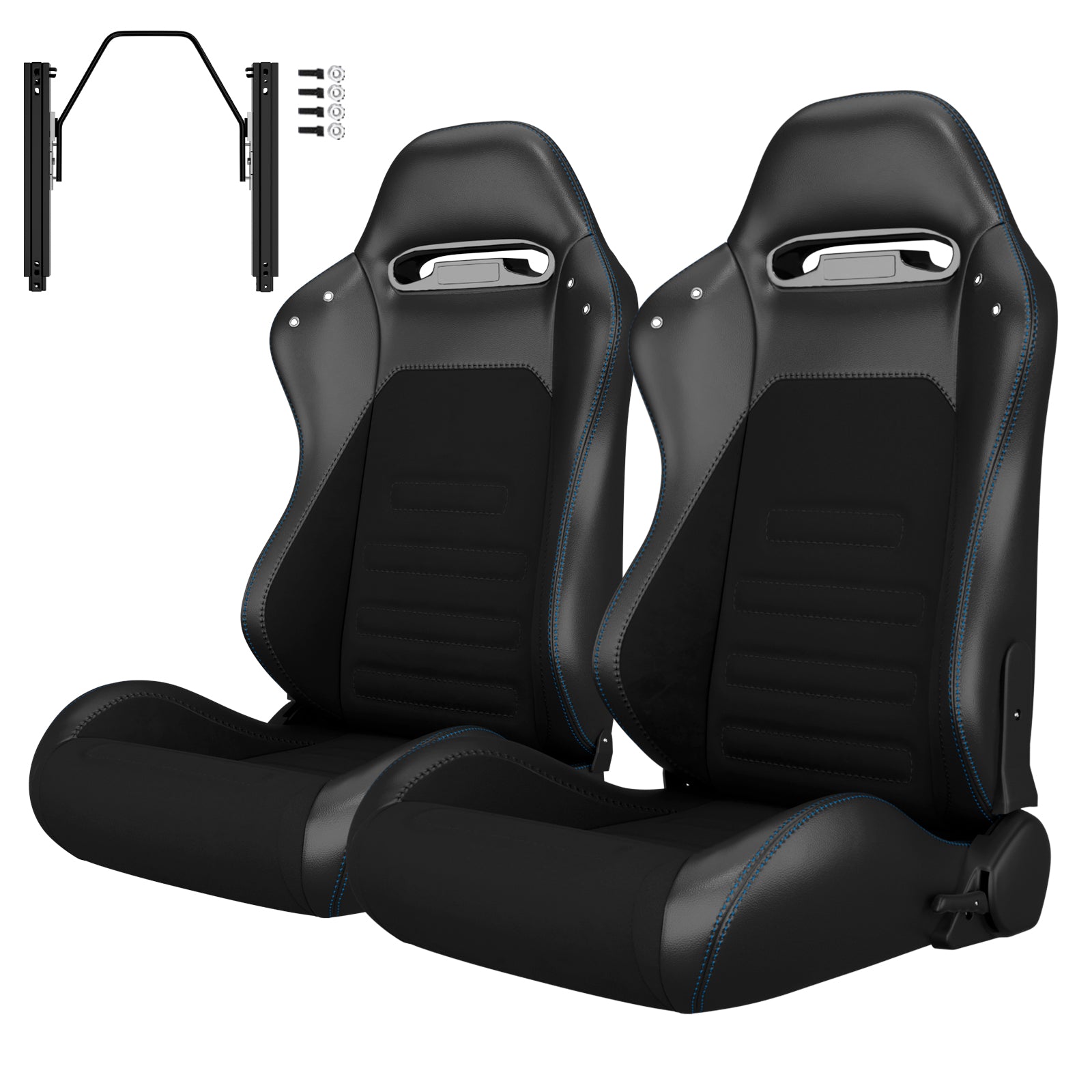 2PC Universal Racing Seats Stitch PVC Leather Reclinable Carbon Look Leather Black With Adjustor Slider(Not Including Seat Bracket) 1 box of 2 pieces image 1