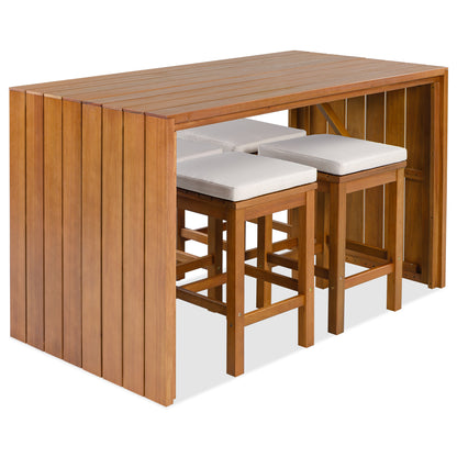 5 Piece Outdoor Bar Set, Patio Acacia Wood Bar Height Table & Four Stools with Cushions, Wood Dining Bar Set for Backyard, Poolside, Balcony, Beige Cushion and Natural Wood image 2