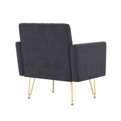 Velvet Armchair Single Sofa Modern Tufted Upholstered Side Reading Chairs with Arm and Gold Metal Leg for Living Room Bedroom (Black) image 4