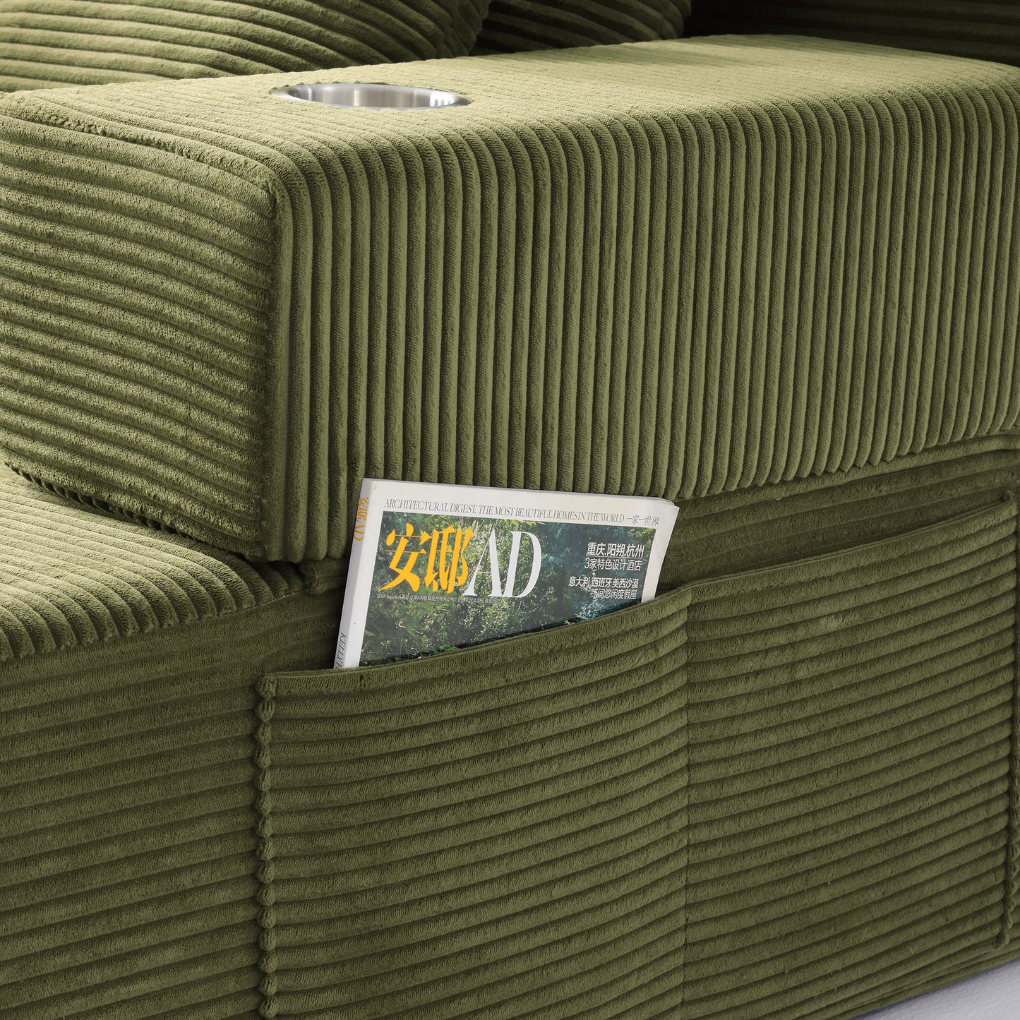 Luxurious Plush Corduroy Chaise Lounge with 3 Pillows, Convertible Sofa Bed with Storage Pocket, Frameless Design & Compression Foam for Small Spaces image 12