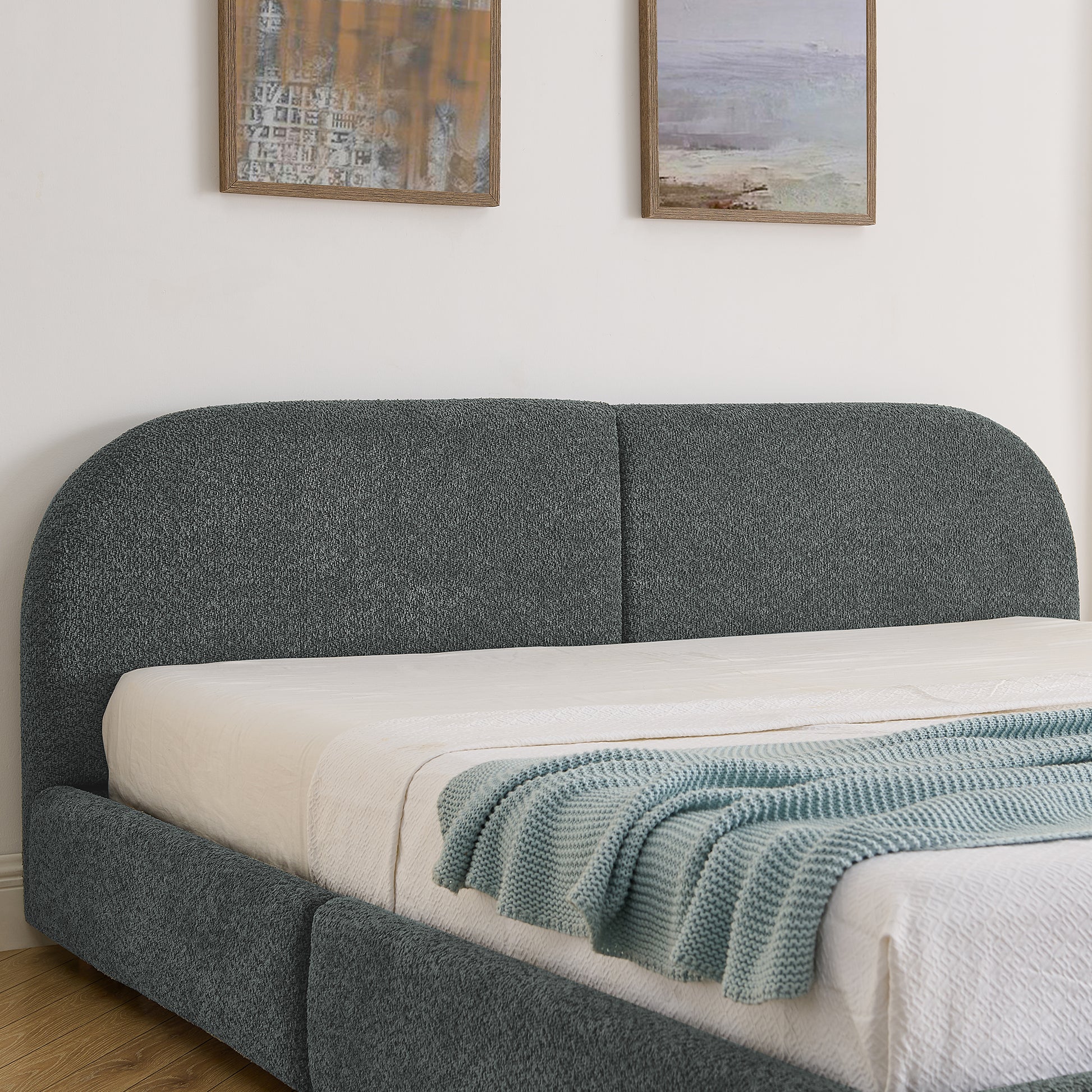 King Size Upholstered Bed Frame Modern Minimalist Style - Circle Yarn Fabric, Tall Curved Headboard, Sturdy Leg Support & Wheeled Drawer Storage, Mattress Not Included - Dark Gray image 5