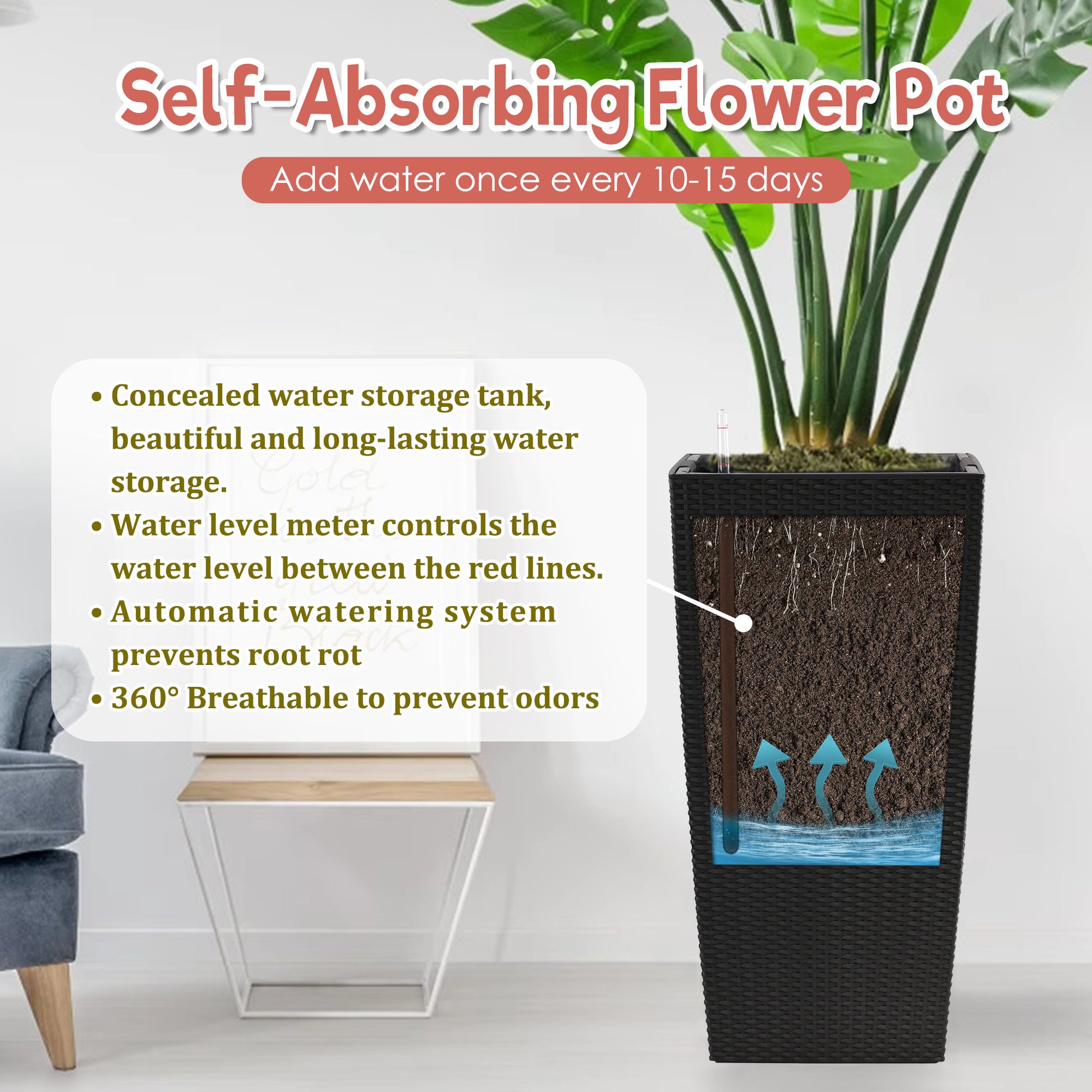 30 in Tall Large Flower Pots Planter with Self-Watering Drainage Holes&Inner Trays Indoor Outdoor Plant Pot with Drain Holes, Water Level Monitor,Inner Bucket for Garden, Patio, Porch, Backyard, Black image 2